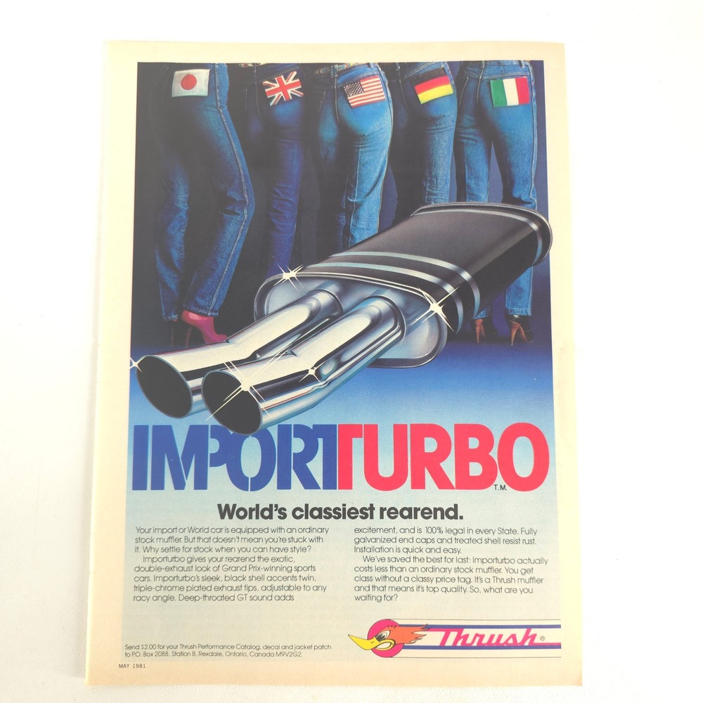 Vintage Import Turbo Thrush Exhaust Print Advertisement Garage Promo Decor 1981